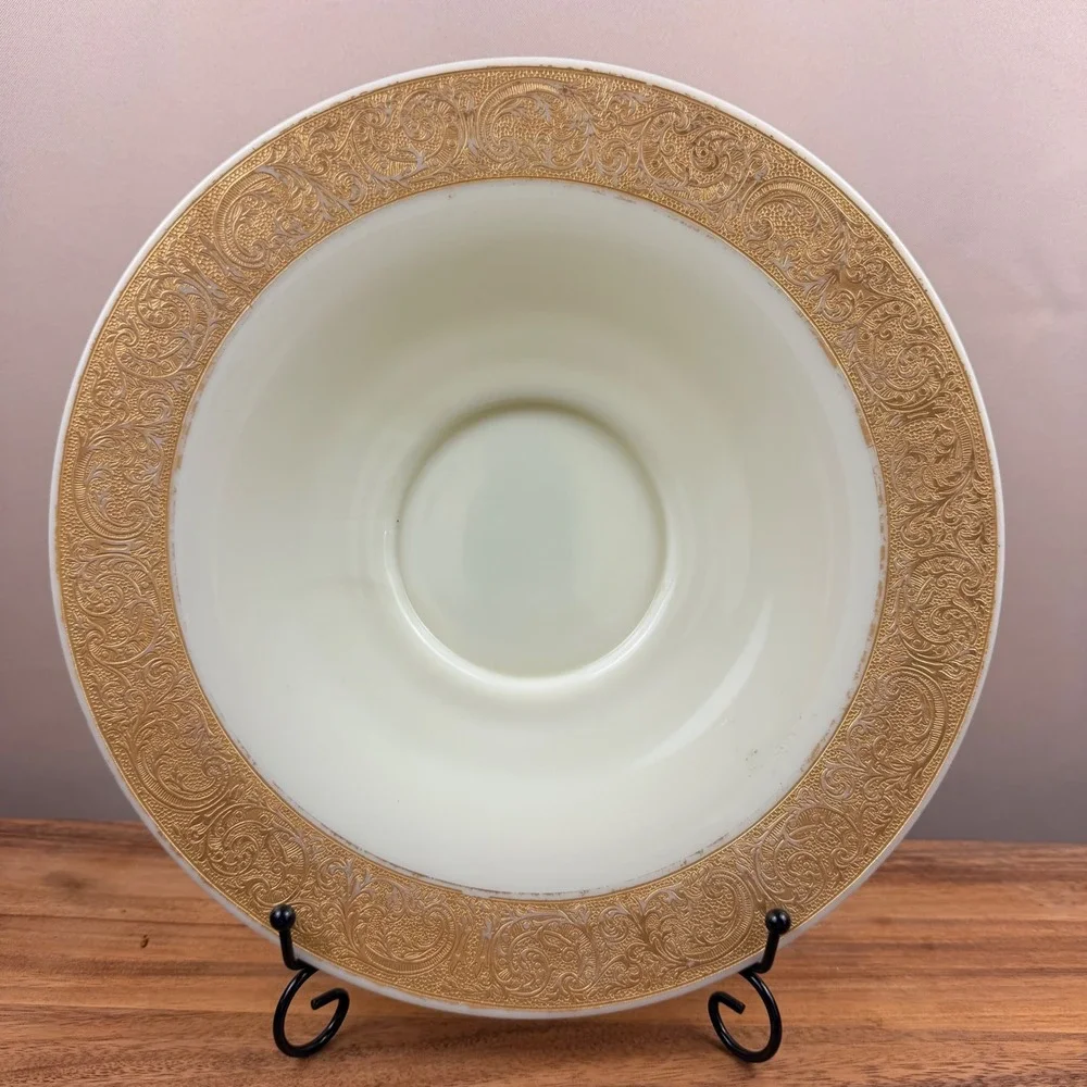 Vintage Custard Glass Bowl Gold Encrusted Etched Rim Uranium Glass 10.5 Inch